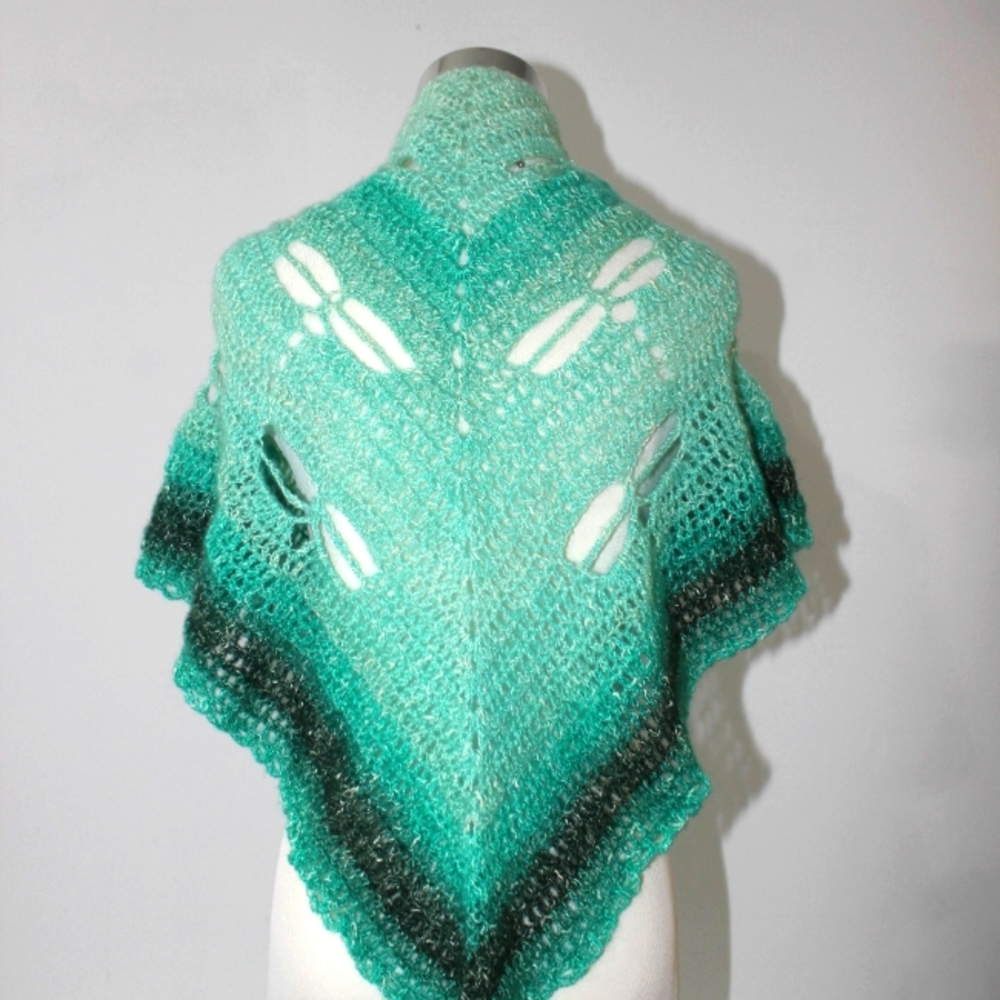 Dragonfly Crochet Shawl Wrap Teal Aqua Soft HANDCRAFTED